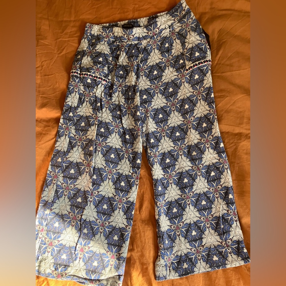 Blue and White Patterned Wide-Leg Pants